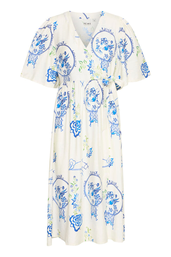 Lucy Midi Dress - White/Blue Print