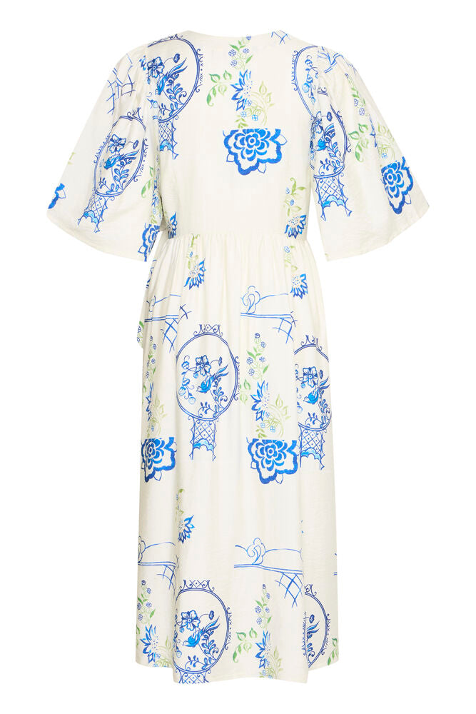 Lucy Midi Dress - White/Blue Print