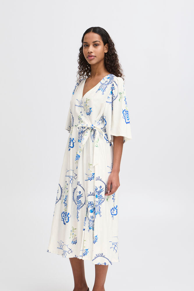 Lucy Midi Dress - White/Blue Print