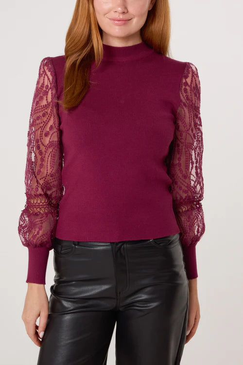 Mesh Sleeve Knit Top - Berry