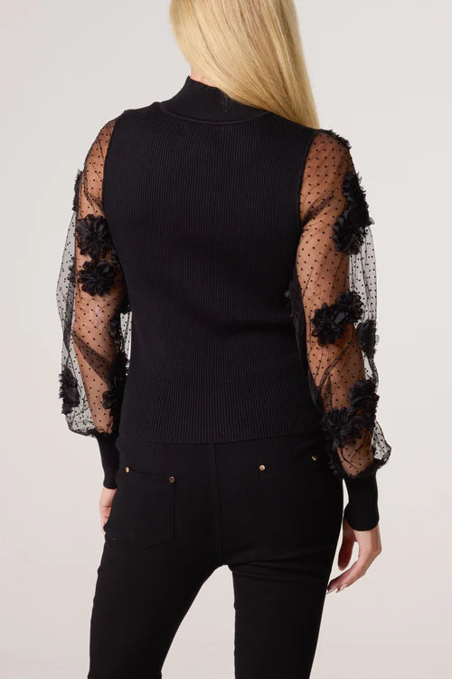 Mesh Flower Sleeve Knit Top - Black