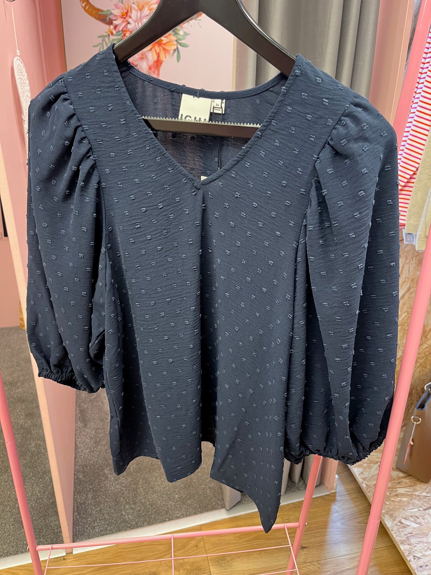 ICHI Abby Embroidered Polka Dot Blouse - Navy