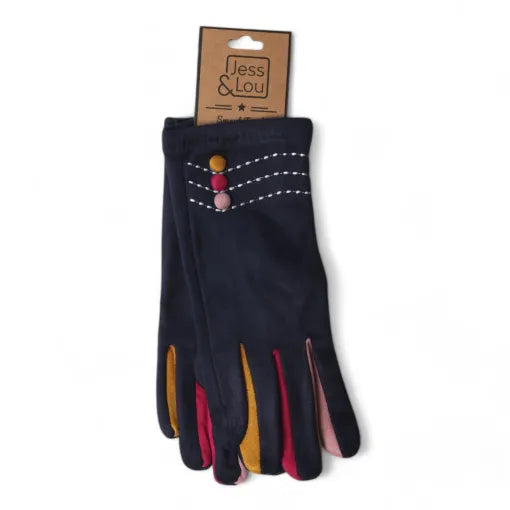 Buttoned Velvet Gloves - Navy