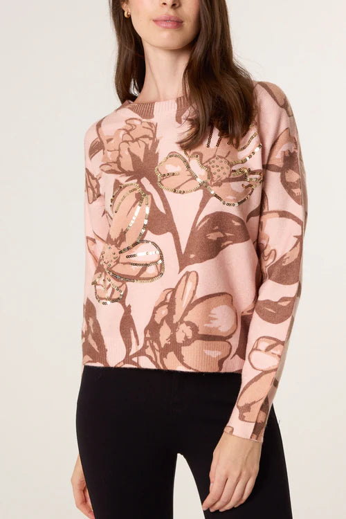 Floral Embellished Jumper - Pink / Brown