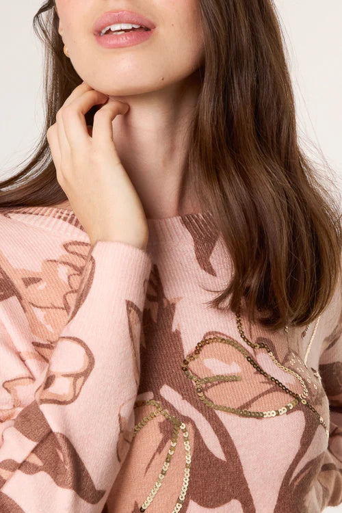 Floral Embellished Jumper - Pink / Brown