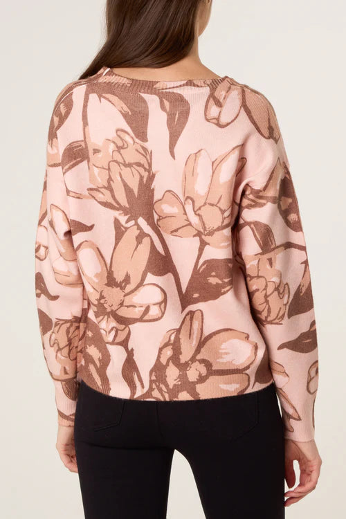 Floral Embellished Jumper - Pink / Brown