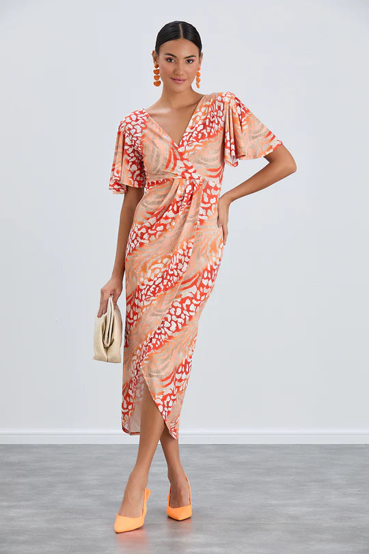 Orange animal print midi dress with wrap detail