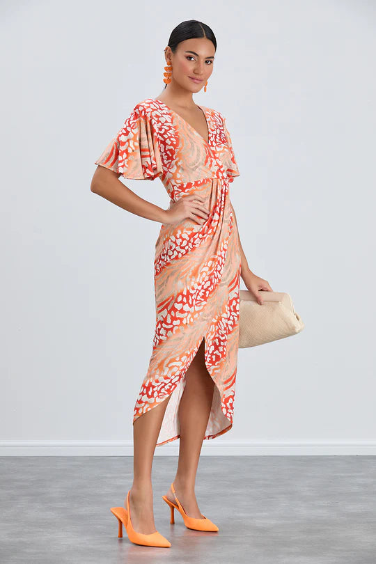 Orange animal print midi dress with wrap detail