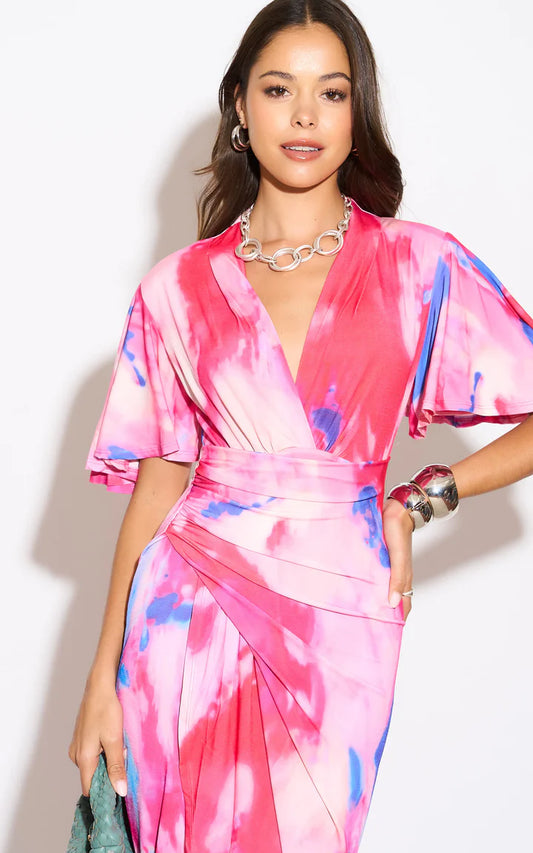 Angel Sleeve Midi Dress - Pink Abstract