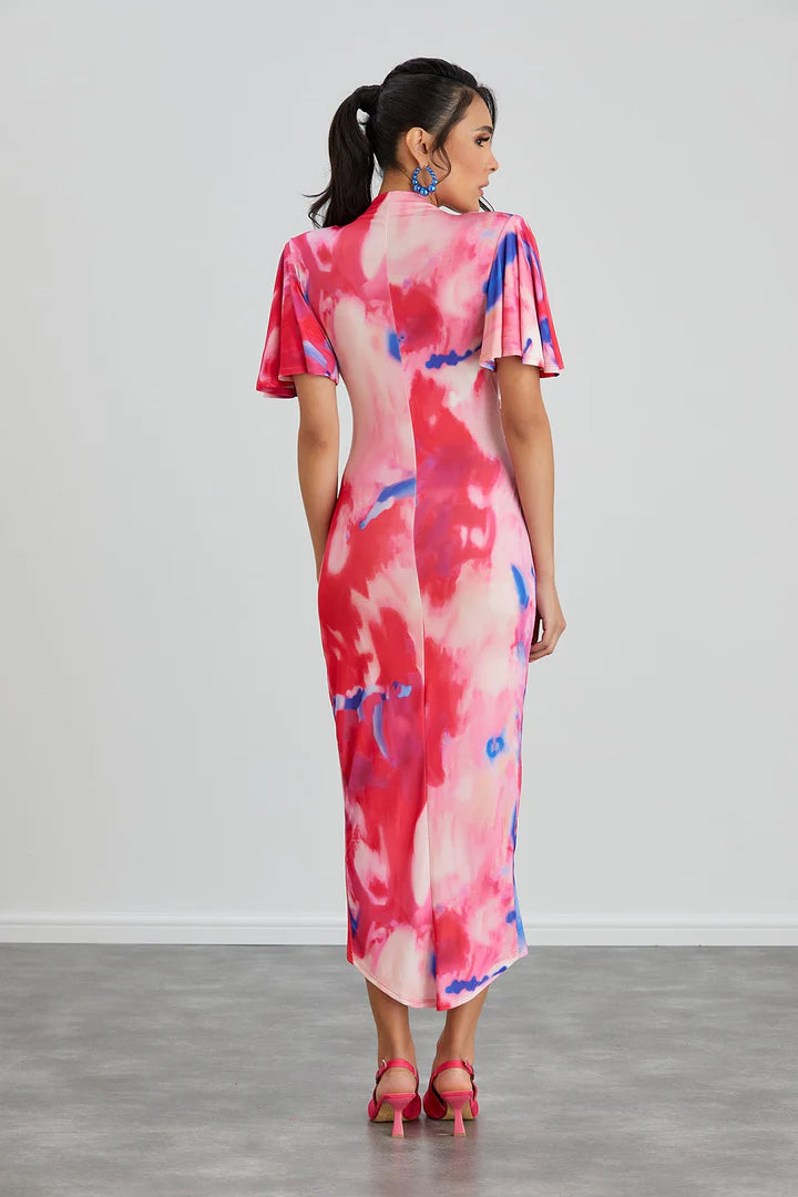 Angel Sleeve Midi Dress - Pink Abstract