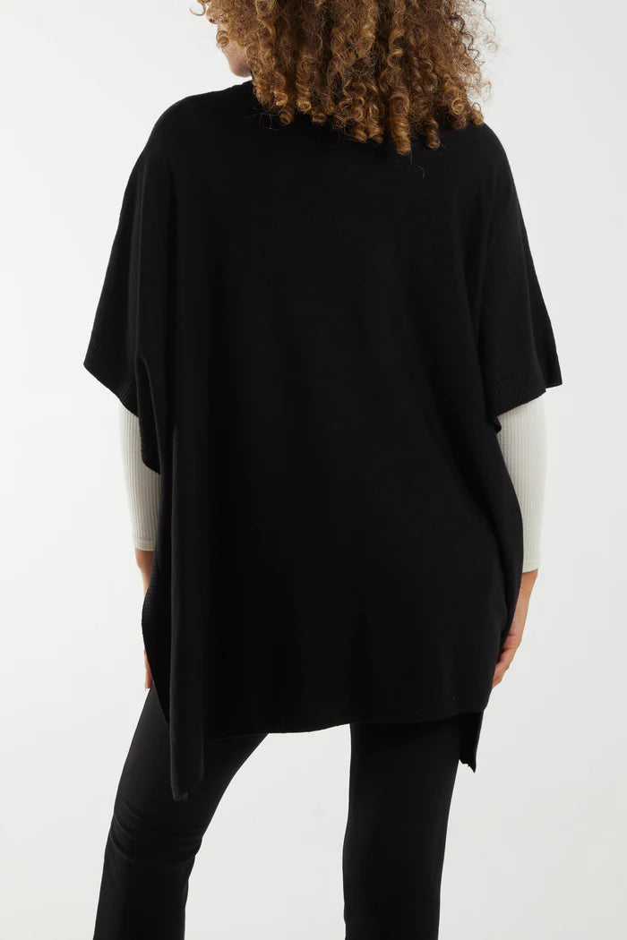 Roll Neck Button Detail Poncho - Black