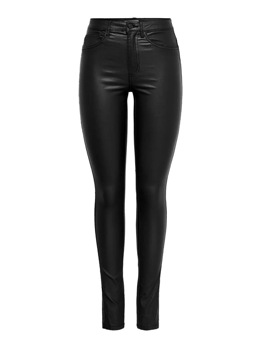 High Waist Leather Look Skinny Jeans - Black