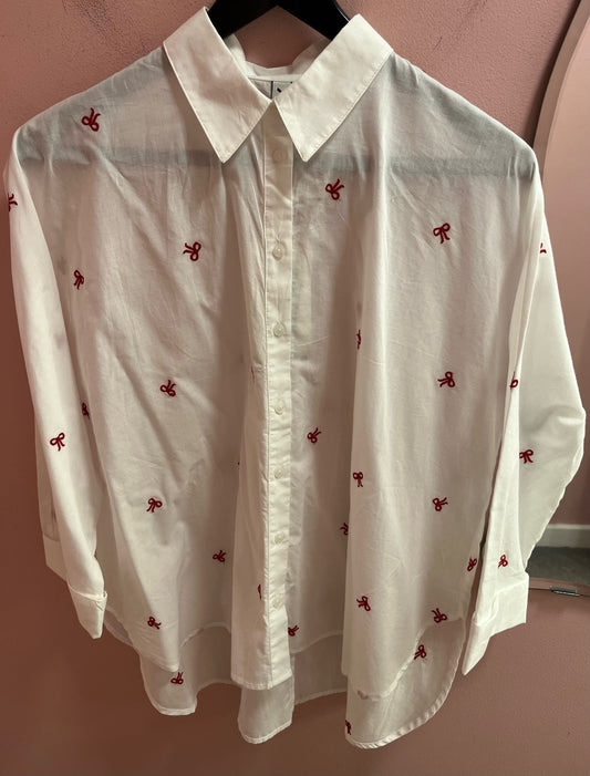 Lina Blouse - White with Red Bow Detail