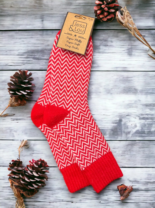 Cosy Ribbed Socks - Red Herringbone