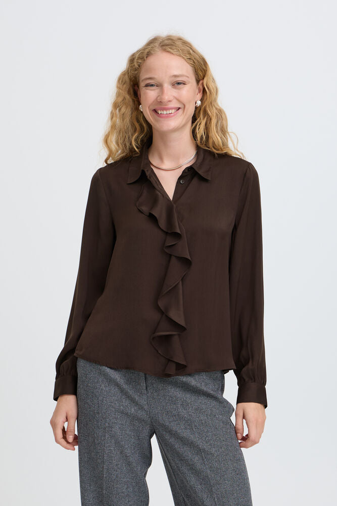 Ruffle Front Blouse - Java Brown