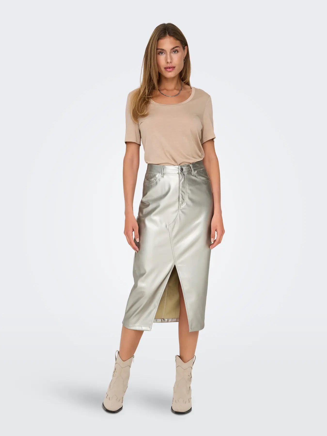 Metallic Leather Look Midi Skirt