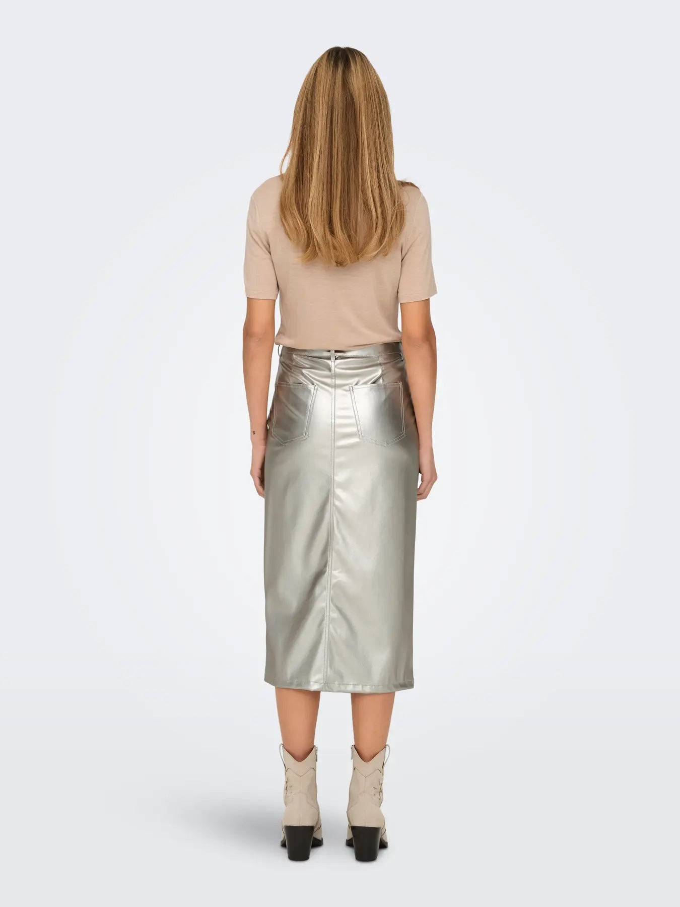 Metallic Leather Look Midi Skirt