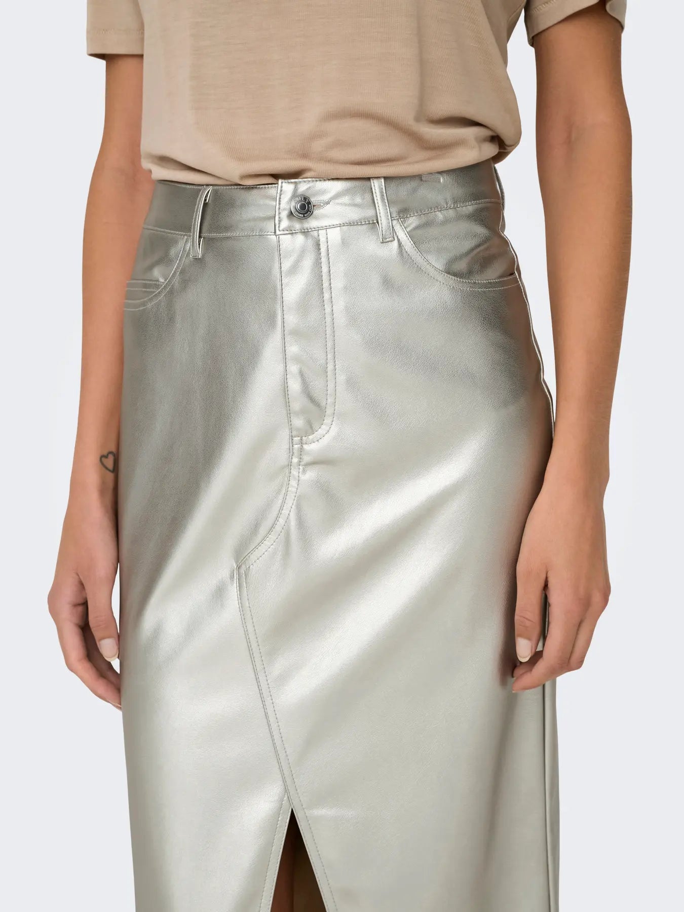 Metallic Leather Look Midi Skirt
