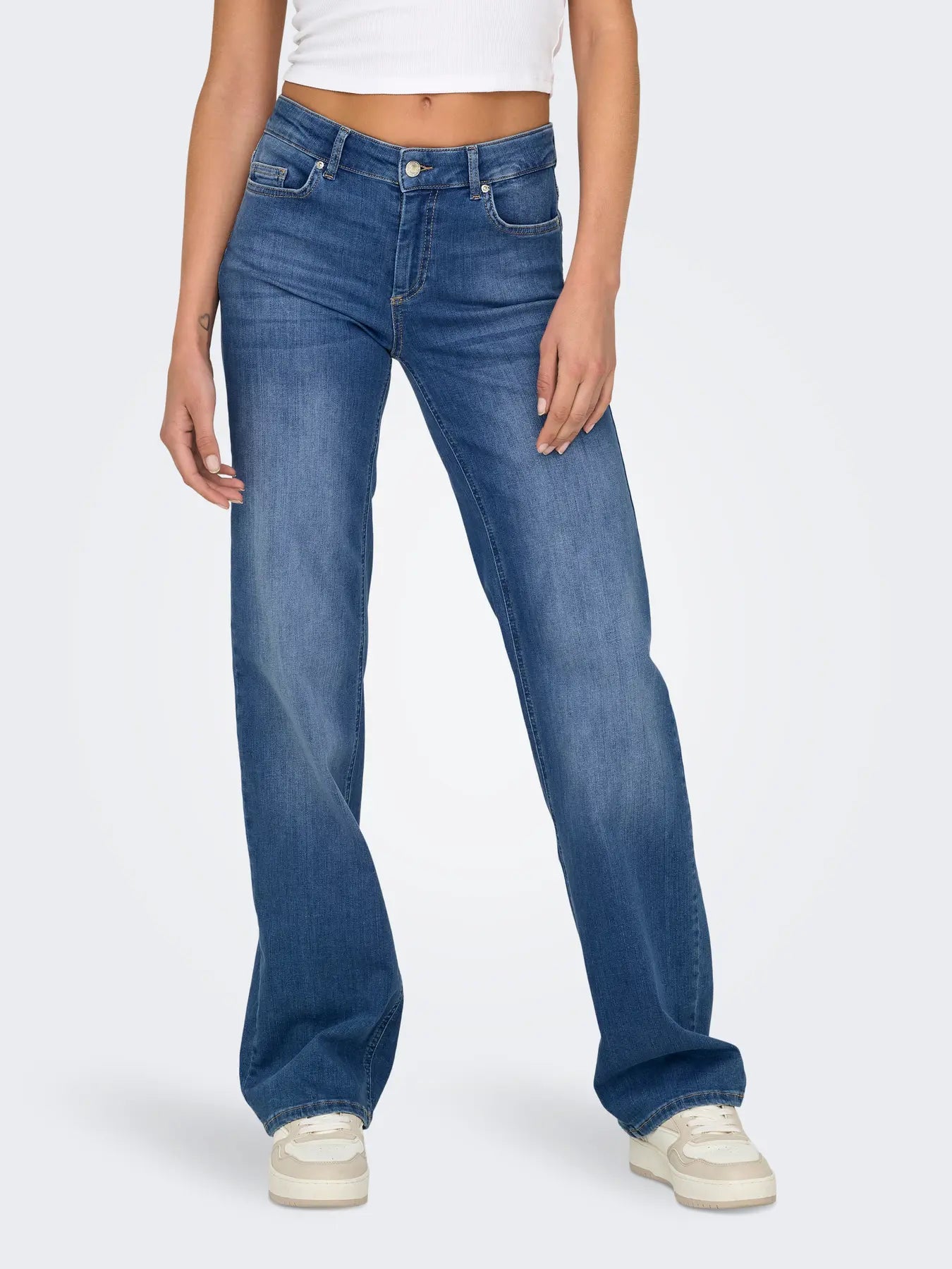 Mid Waist Straight Leg Jean - Mid Blue