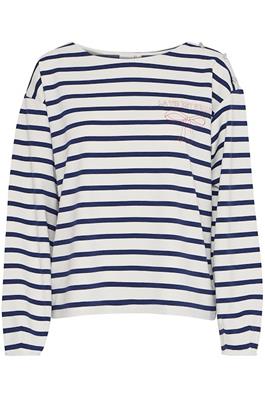 ICHI Box Fit Stripe Sweatshirt - Navy and Beige with Motif & Shoulder Button Detail