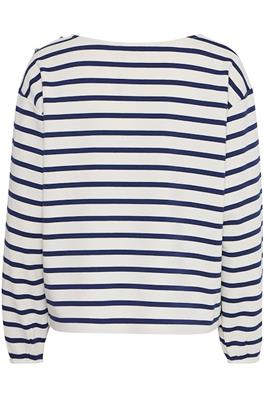 ICHI Box Fit Stripe Sweatshirt - Navy and Beige with Motif & Shoulder Button Detail