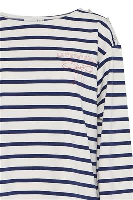 ICHI Box Fit Stripe Sweatshirt - Navy and Beige with Motif & Shoulder Button Detail