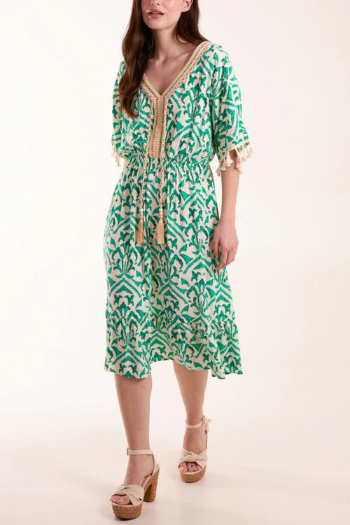 Baroque Print Embellished Midi Dress - Green