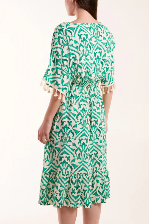 Baroque Print Embellished Midi Dress - Green