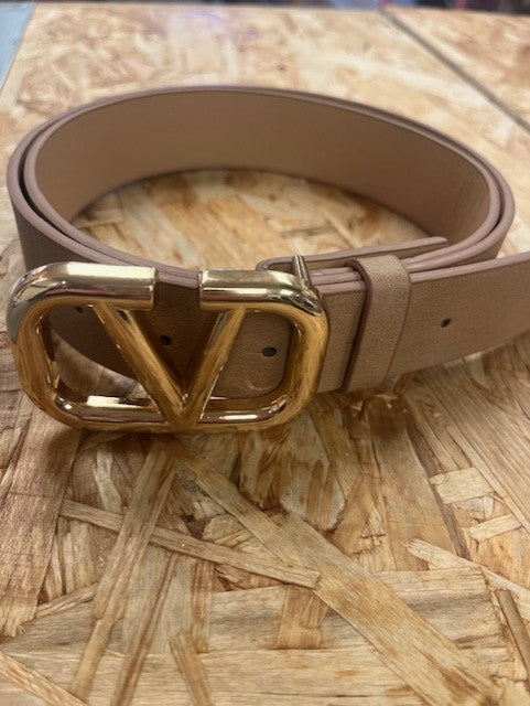 Camel Belt with Gold V Buckle