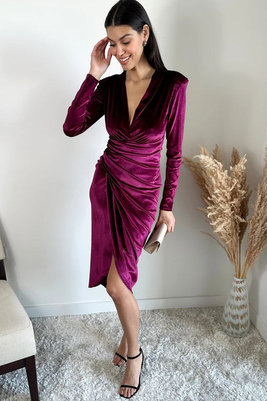 Wrap Style Velvet Midi Dress - Violet